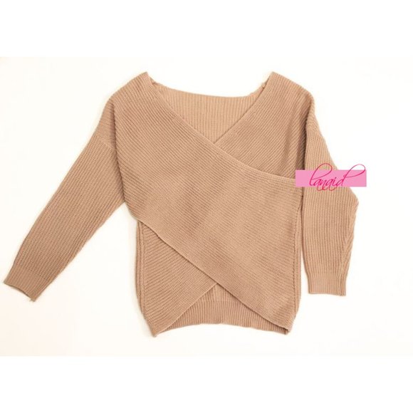 Fantastic Fawn Blush Criss-Cross Twist Wrap Open Back Off-The-Shoulder Sweater M - Picture 3 of 7